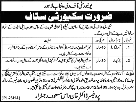 University of the Punjab, Lahore Required Security Staff