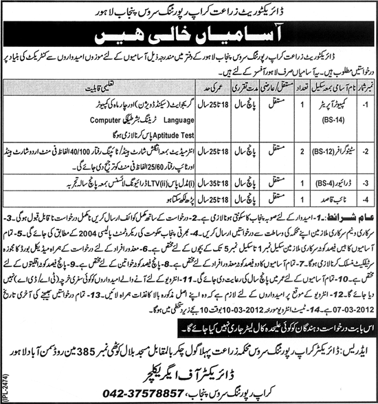 The Office of Director Agriculture Crop Reporting Services Punjab, Lahore Required Staff