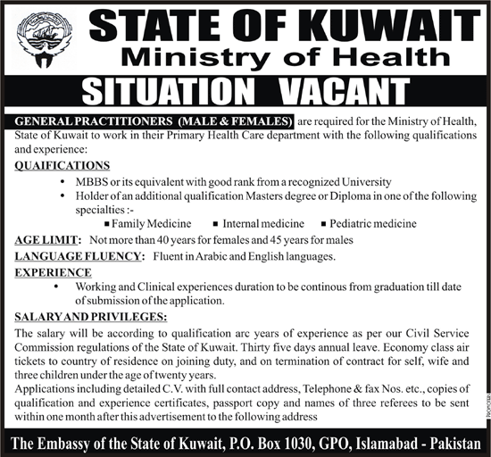 General Practitioners Required by The State of Kuwait, Ministry of Health