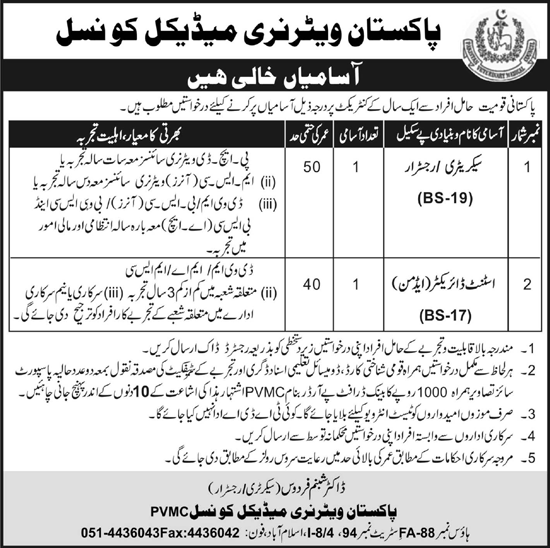 Pakistan Veterinary Medical Council (Govt) Jobs