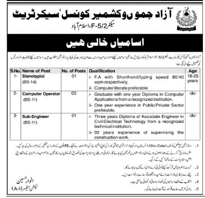 Azad Jammu & Kashmir Council Secretariat (Govt) Jobs