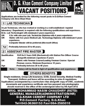 D.G. Khan Cement Company Limited Requires Lab Technician and Assistant Fire Master