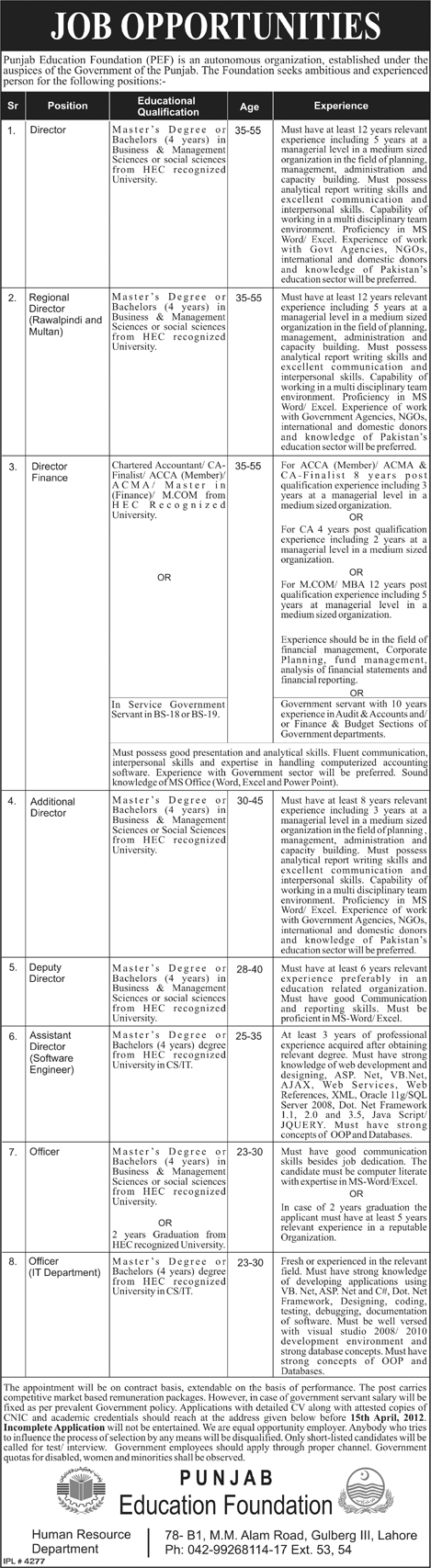 Punjab Education Foundation (PEF) Govt. Jobs