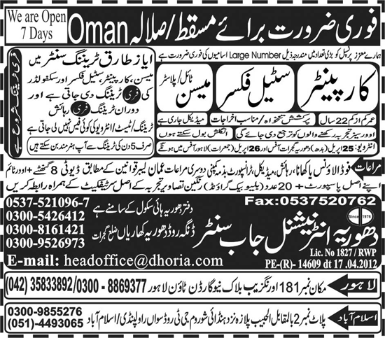 Carpenter, Steel Fixer and Mason Jobs