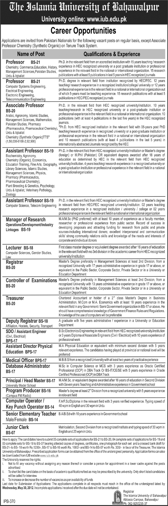 The Islamic University of Bahawalpur (Govt.) Jobs