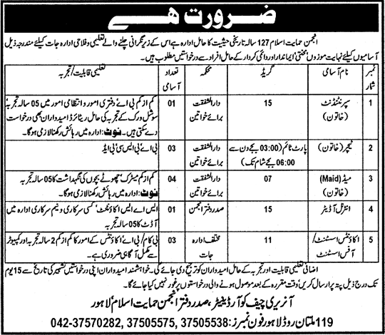 Situation Vacant at Anjuman-e-Himayat-e-Islam (Educational &Welfare Organization)