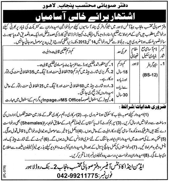 Stenographer Required at Office of the Ombudsman Punjab - BPS-12 (Govt. job)