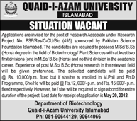 Research Associate Required at Quaid-e-Azam University