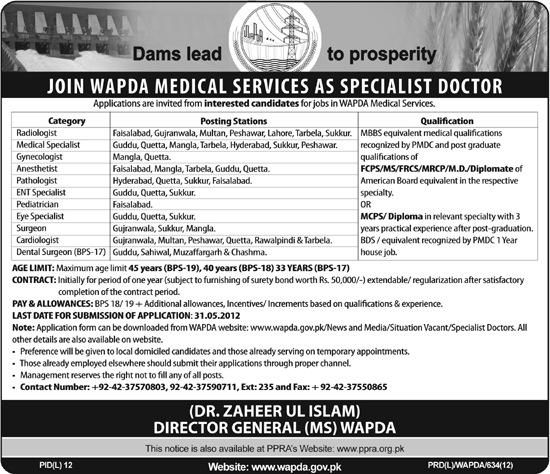 Specialist Doctors Required at WAPDA