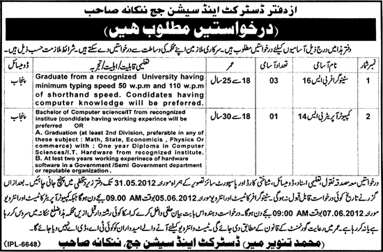 Office Staff Required at Office fo District and Session Judge