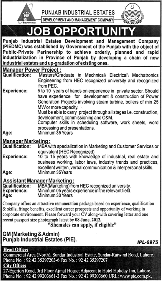 Managers Required at Punjab Industrial Estates