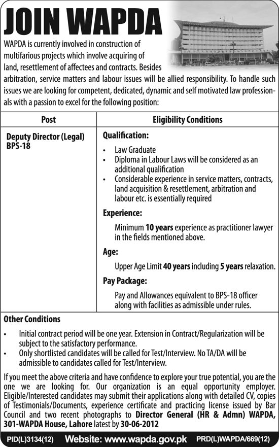 Join WAPDA as Deputy Director (Legal)