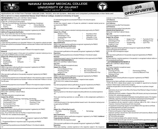 Medical Teaching Faculty Required at Nawaz Sharif Medical College University of Gujrat (Hafiz Hayat Campus)