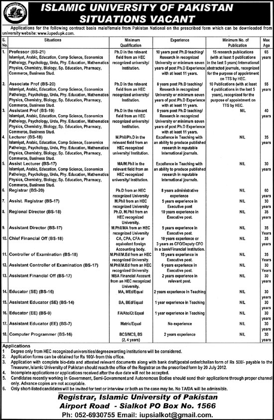 Teaching and Non-Teaching Staff Required at Islamic University of Pakistan