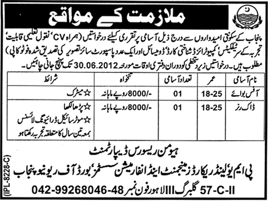 Office Boy and Dak Runner Job (Government of Punjab job)