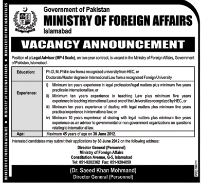 Legal Advisor Required in Ministry of Foreign Affairs Pakistan (Govt. job)