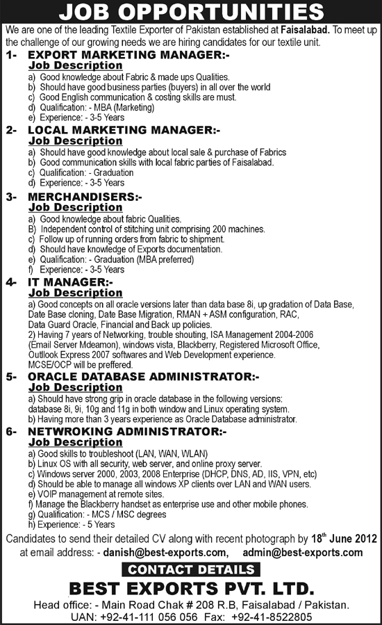Management and IT Staff Required at a Leading Textile Company