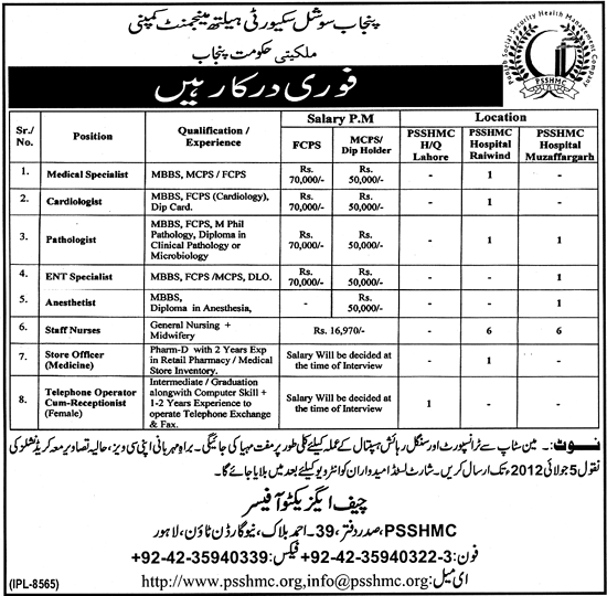 Doctors and Telephone Operator Jobs in Punjab Social Security Health Management Company (Govt. job)