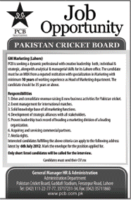PCB (Pakistan Cricket Board) Required GM Marketing (Govt. job)
