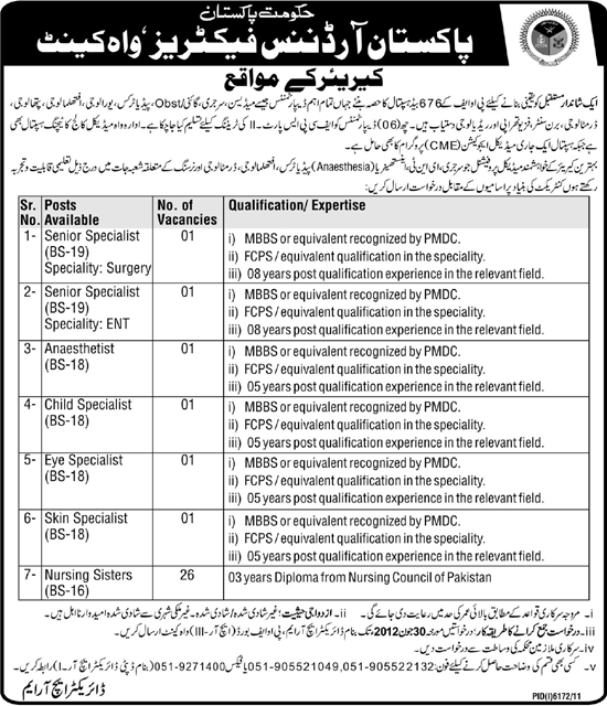 Pakistan Ordnance Factory (POF) Required Medical Professionals (Govt. job)
