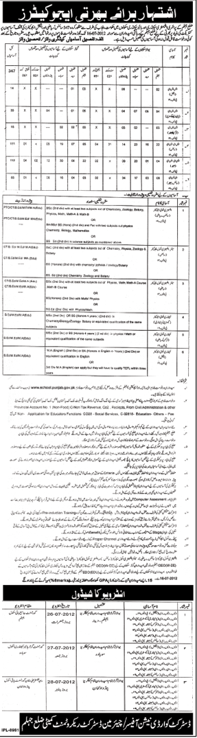 Teachers/Educators Required by Government of Punjab at Primary, Elementary, Secondary and Higher Secondary Schools (Jhelum District) (347 Vacancies) (Govt. Job)