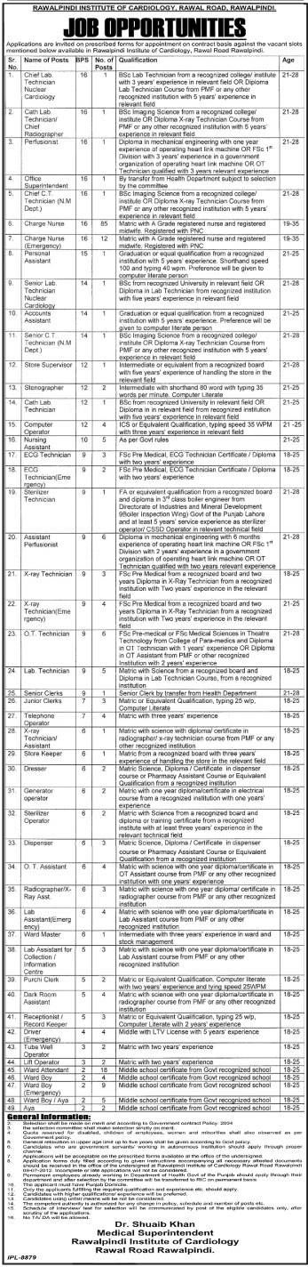 Rawalpindi Institute of Cardiology Requires Medical Technicians, Para Medical Staff and Support Staff (Govt. job)