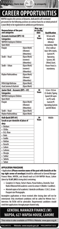 WAPDA Requires Accounts and Clerikal Staff (Govt. job)