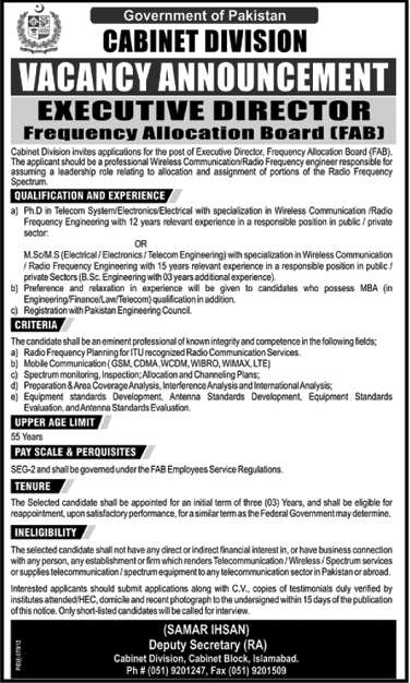 Cabinet Division Government of Pakistan Requires Executive Director (FAB) (Govt. jo)