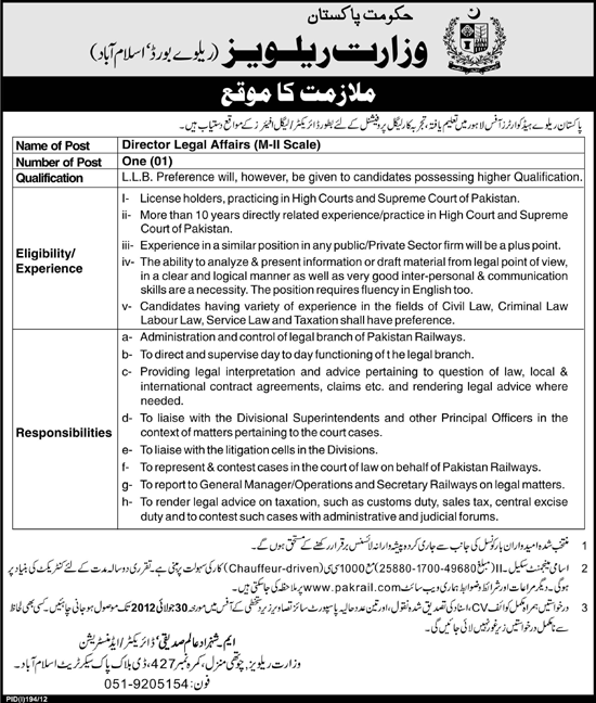 Pakistan Railways Head Quarters Office Lahore Requires Director Legal Affairs (Ministry of Railways) (Government Job)