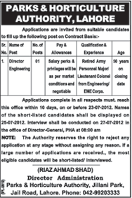 Parks & Horticulture Authority Lahore Requires Director Engineering (Government Job)