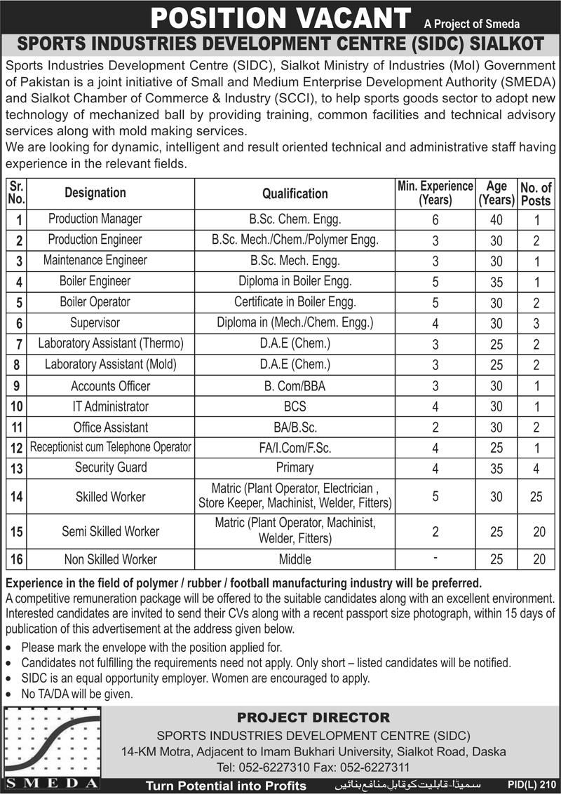 Sports Industries Development Centre (SIDC) Requires Staff Under SMEDA