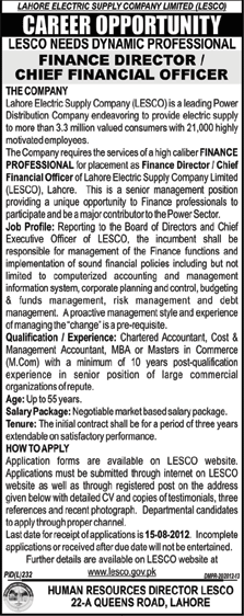 LESCO Lahore Electric Supply Company Limited Requires Chief Financial Officer (Government Job)