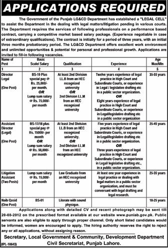 The Government of Punjab LG&CD Department Requires Legal Law Professionals (Government Job)