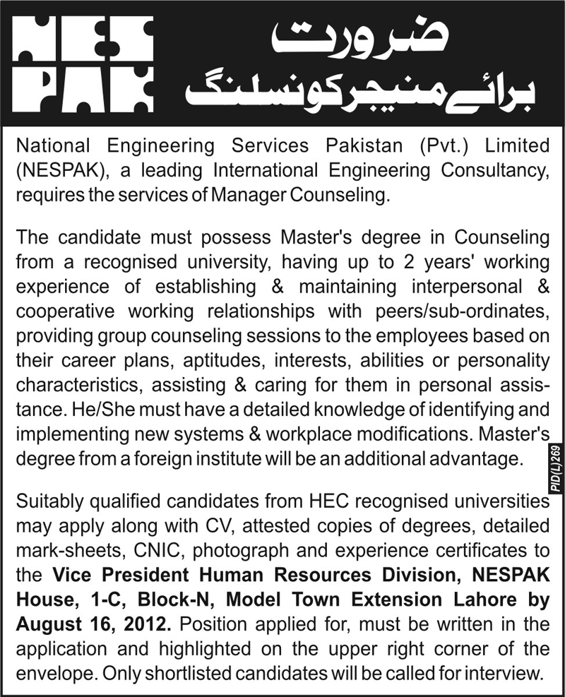 NESPAK Requires Services of Manager Counselling (Government Job)