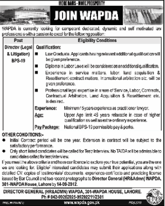 Join WAPDA as Director (Legal & Litigation) (Government Job)