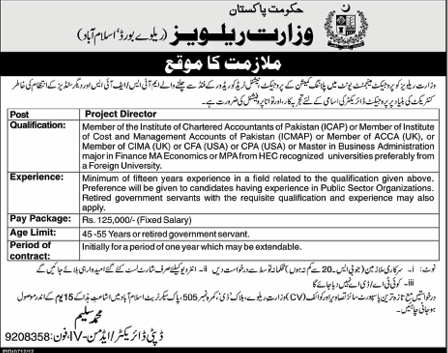 Pakistan Railways Requires Project Director (Government Job)