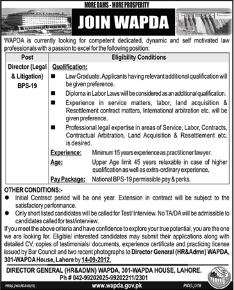 Join WAPDA as Director (Legal & Litigation) (Government Job)