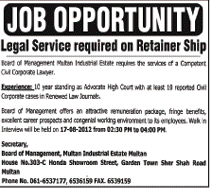 Legal Services Required on Retainer Ship by Multan Industrial Estates