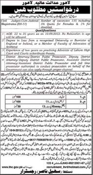 Civil Judges-cum-Judicial Magistrates Required at Lahore High Court (Government Job)