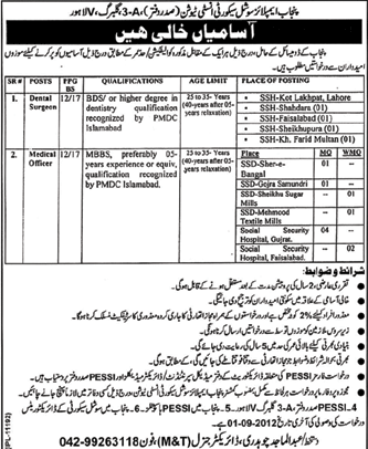 Punjab Employees Social Security Institution Requires Medical Doctors (Government Job)
