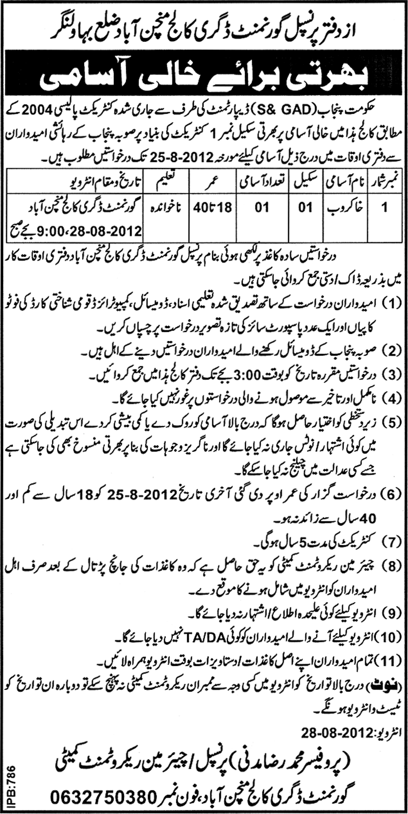Khakrob Required at Government Degree College Manchanabad (Government Job)
