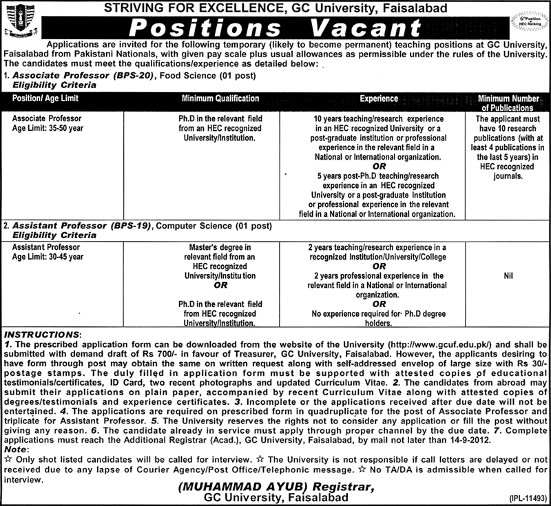 GC University Faisalabad Requires Teaching Faculty (Government Job)