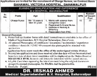 Charge Nurses Required at Bahawal Victoria Hospital (Government Job)