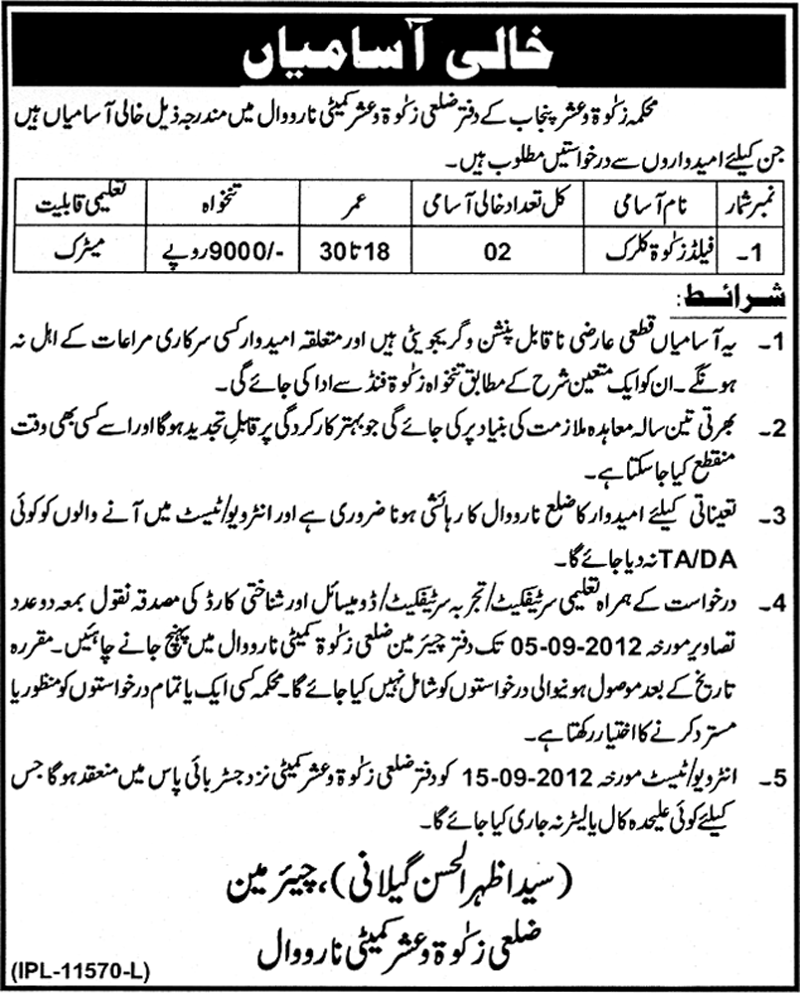 Zakat and Ushr Department Punjab Requires Field Zakat Clerk (Government Job)