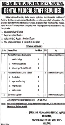 Nishtar Institute of Dentistry Requires Dental Medical Staff (Government Job)