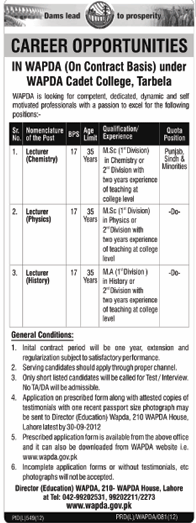 WAPDA Cadet College Requires Teaching Staff (Government Job)