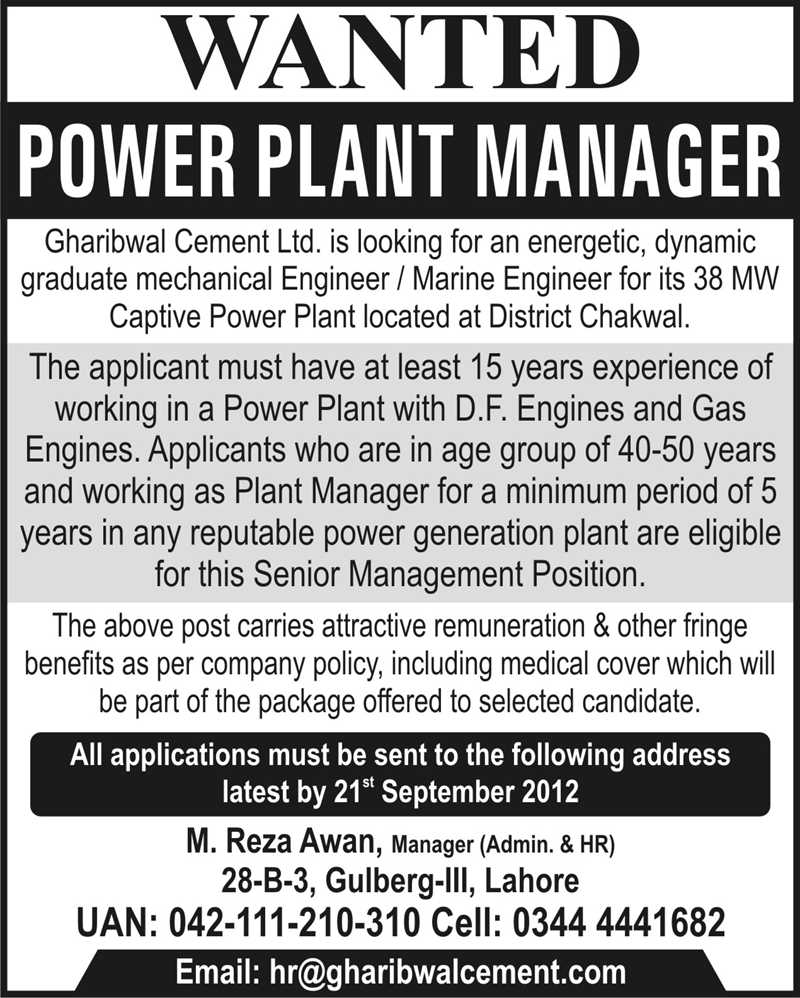 Power Plant Manager Required by Gharibwal Cement Company