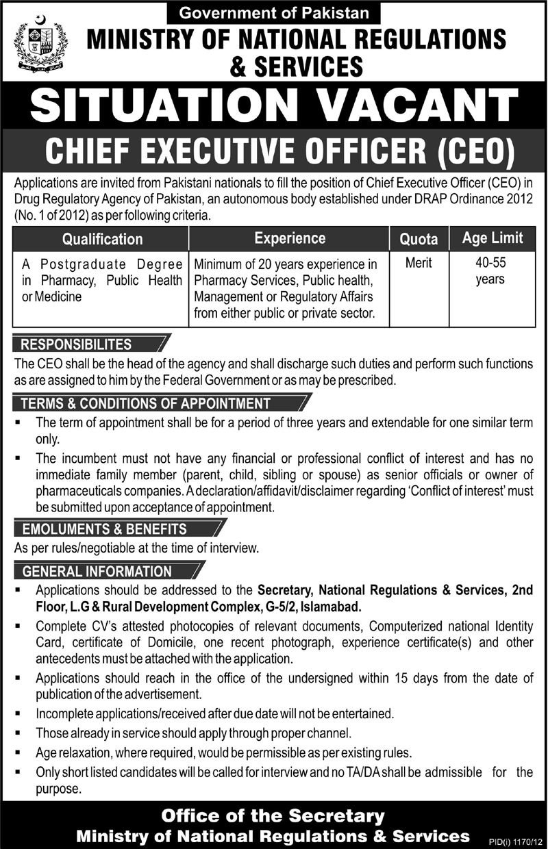 Ministry of National Regulations & Services Requires Chief Executive Officer (Government Job)