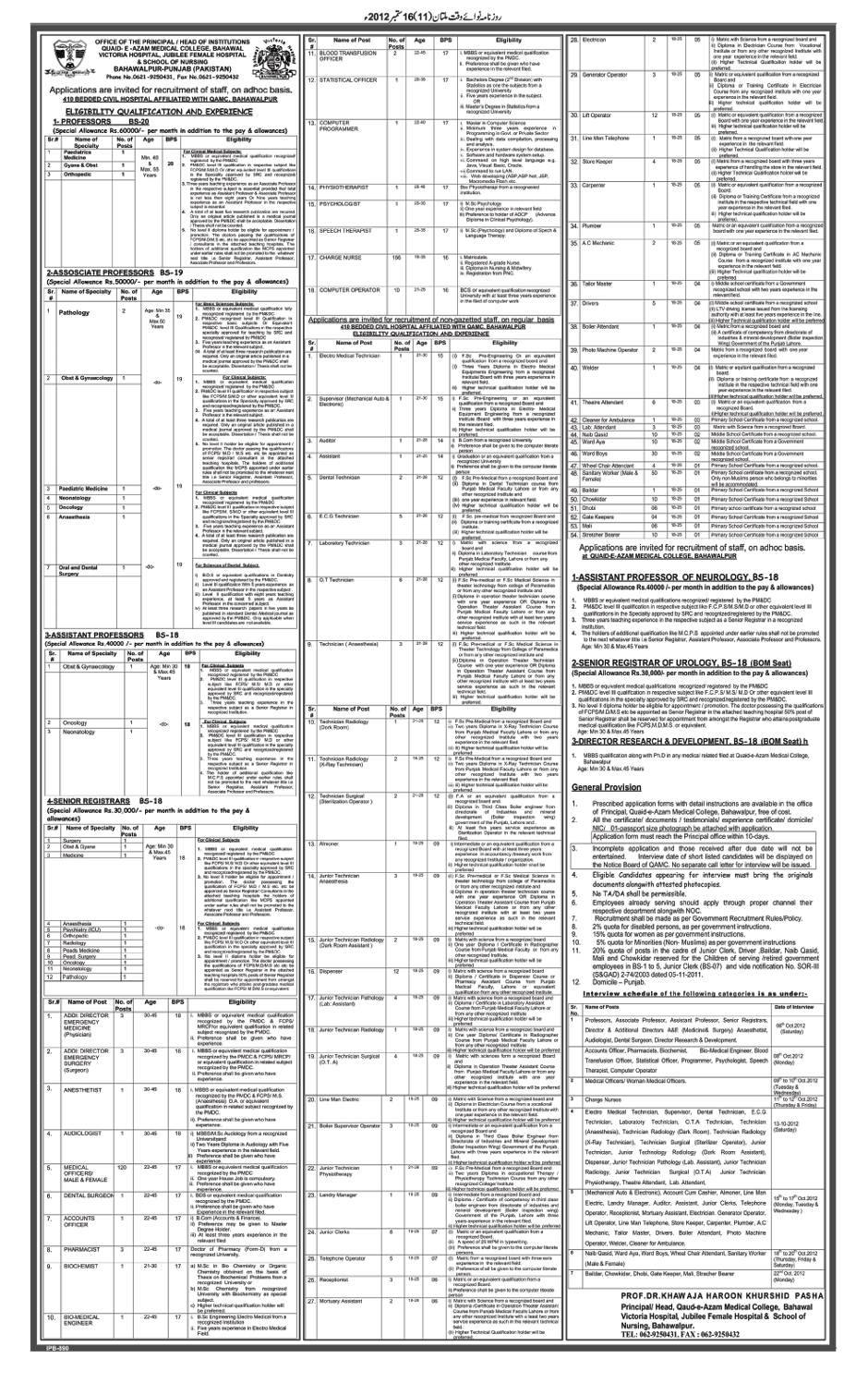 Quaid-e-Azam Mdical College Bahawal Victoria Hospital Jobs (Government Jobs)