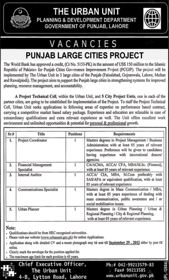 The Urban Unit Planning & Development Departement Punjab Jobs (Government Job)